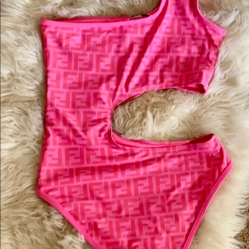 Fendi Hot Pink One-Shoulder Monogram One-Piece Swimsuit - Picture 2 of 3